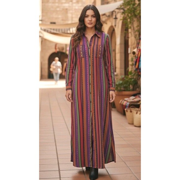 Andrée by UNIT Bohemian Embroidered Floral Striped Buttons Maxi Dress S Hippie - Picture 2 of 16